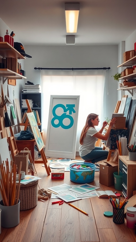 A creative workspace filled with art supplies and a person engaged in a project.