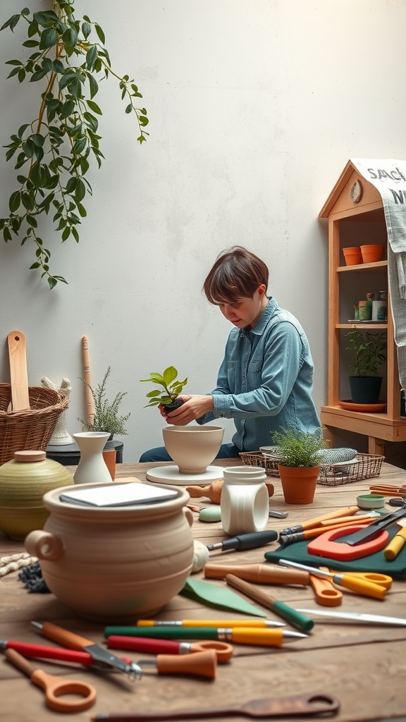 A person potting a plant surrounded by various gardening tools and materials.