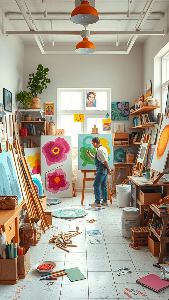 An artist working in a colorful art studio filled with paintings and art supplies.
