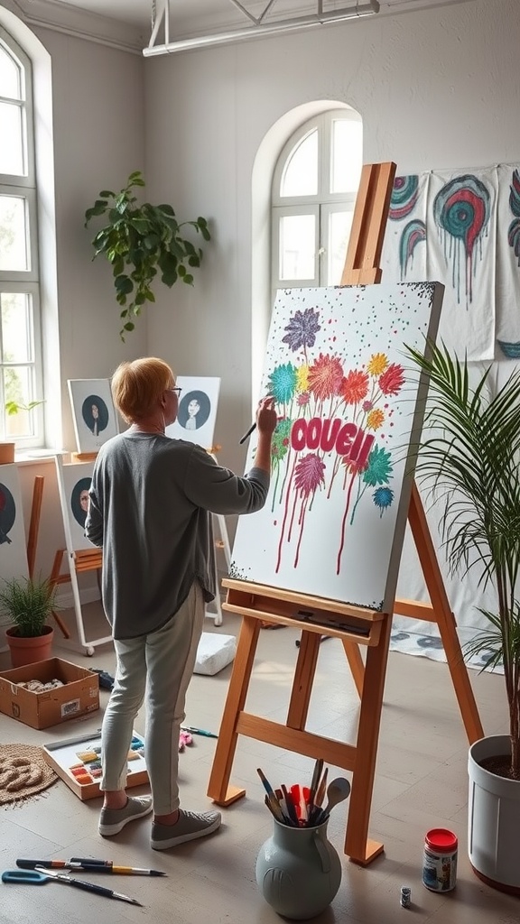 A person painting on a canvas in a bright studio filled with plants and art supplies.