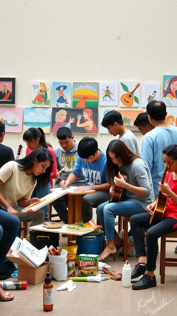 A group of individuals engaged in various creative activities like painting and playing guitars, showcasing collaboration and community.