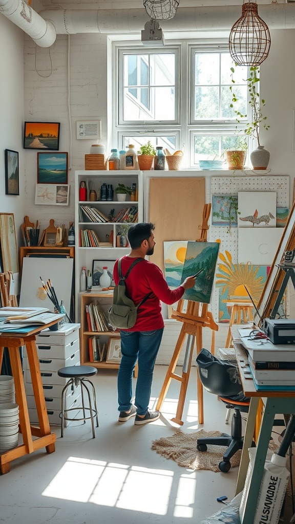 A person painting in a bright and cozy art studio filled with art supplies and natural light.
