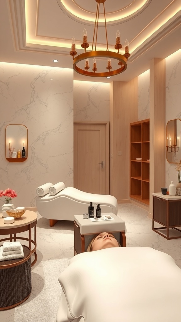 A serene spa treatment room with soft lighting, elegant furnishings, and a client receiving treatment.