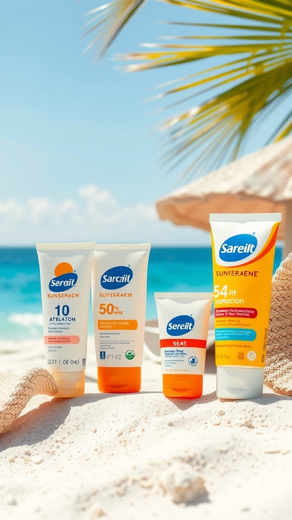 A variety of sunscreen products displayed on a beach with palm trees and the ocean in the background.