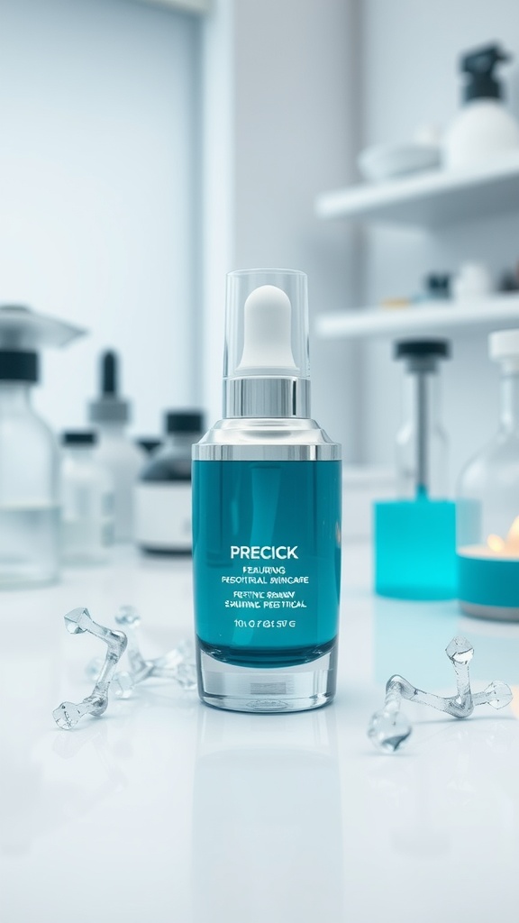 A modern skincare serum bottle with a blue label, placed beside ice-like crystals, set in a minimalist skincare setting.