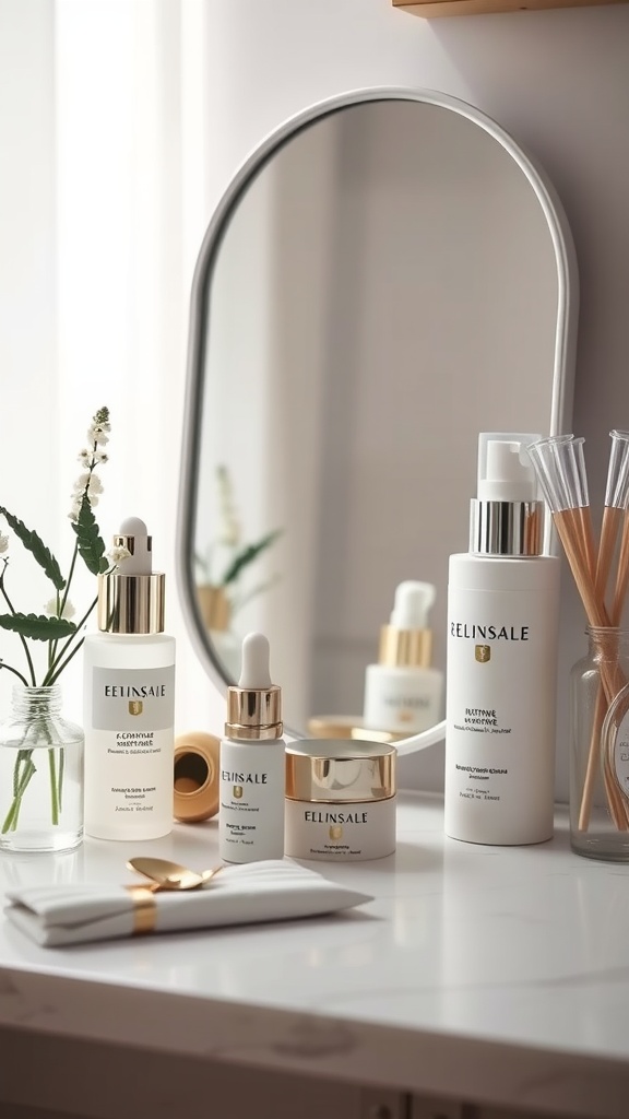 A serene skincare setup featuring various skincare products that may contain retinoids.