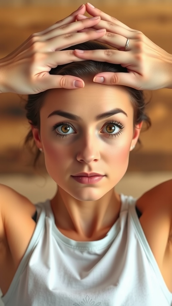 A person demonstrating an eye-opening yoga move with hands on their head