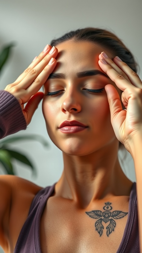 A person practicing facial yoga with hands on forehead for relaxation.