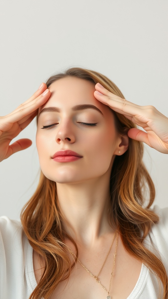 A woman practicing face yoga with her hands on her forehead, focusing on relaxation and rejuvenation.