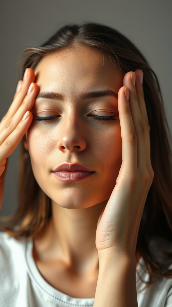A young woman with closed eyes gently pressing her hands against her forehead and temples.