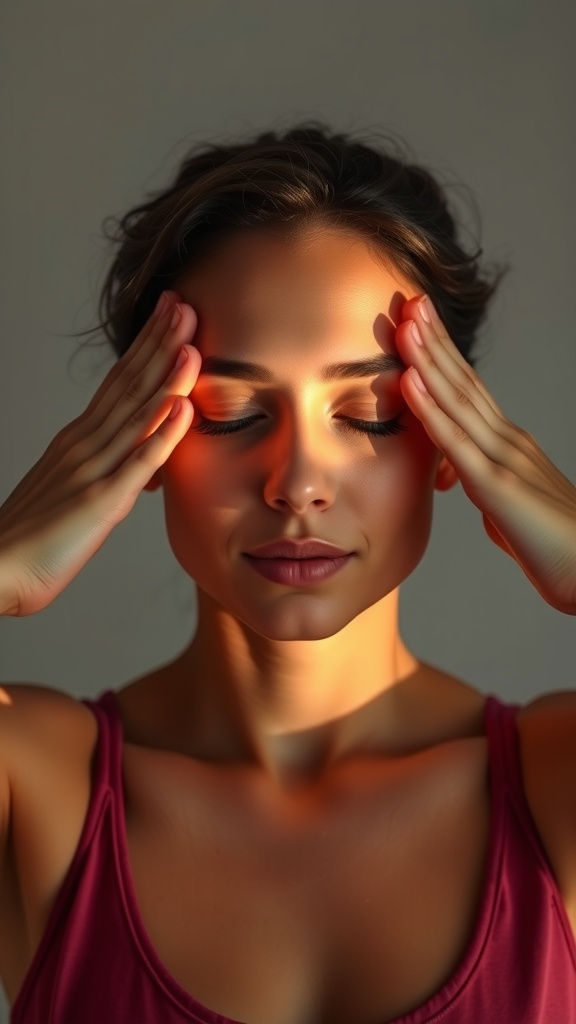 A calm individual performing an eye yoga move with fingers on temples