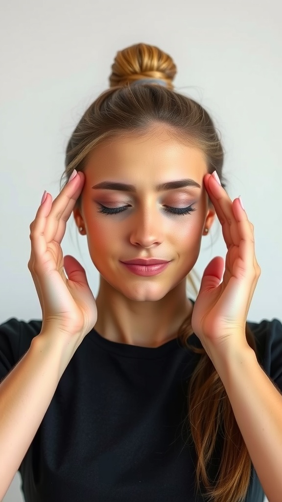 A person performing the Eye Brightener Technique with hands on temples, eyes closed, in a relaxed state.