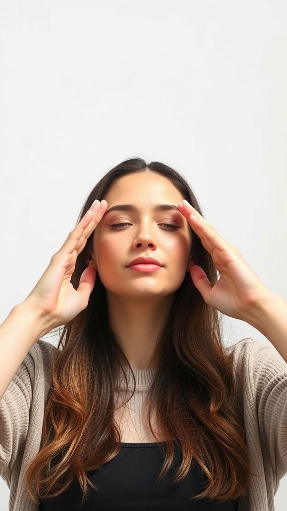 A person practicing Eye Brightening Blinks with fingers on temples and eyes closed.