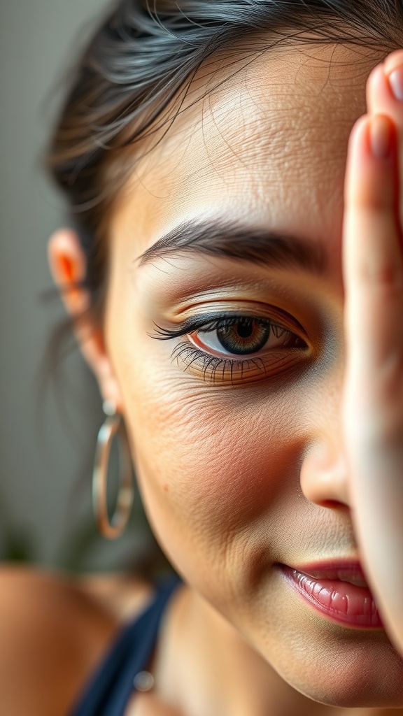 A close-up of a person covering one eye and highlighting the other, emphasizing the beauty of the eyes.