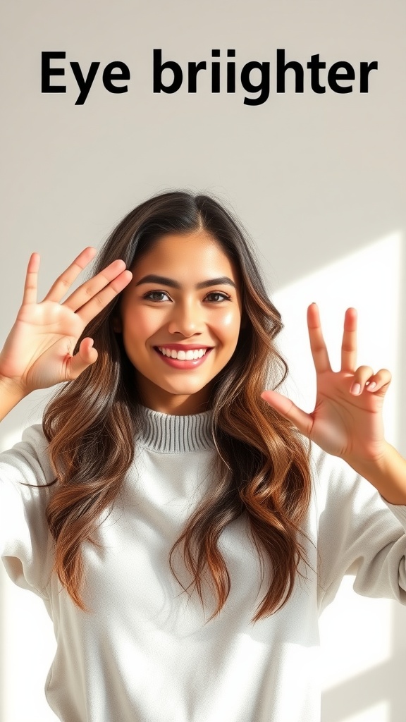 A smiling person demonstrating the Eye Brightening Gesture with their hands.
