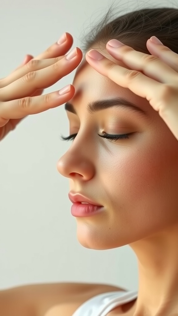A woman performing the Eye Brightening Gesture with her fingers on her forehead and temples.
