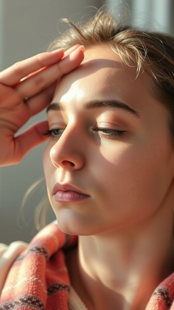 A woman performing an Eye Brightening Stretch with her hand on her forehead.