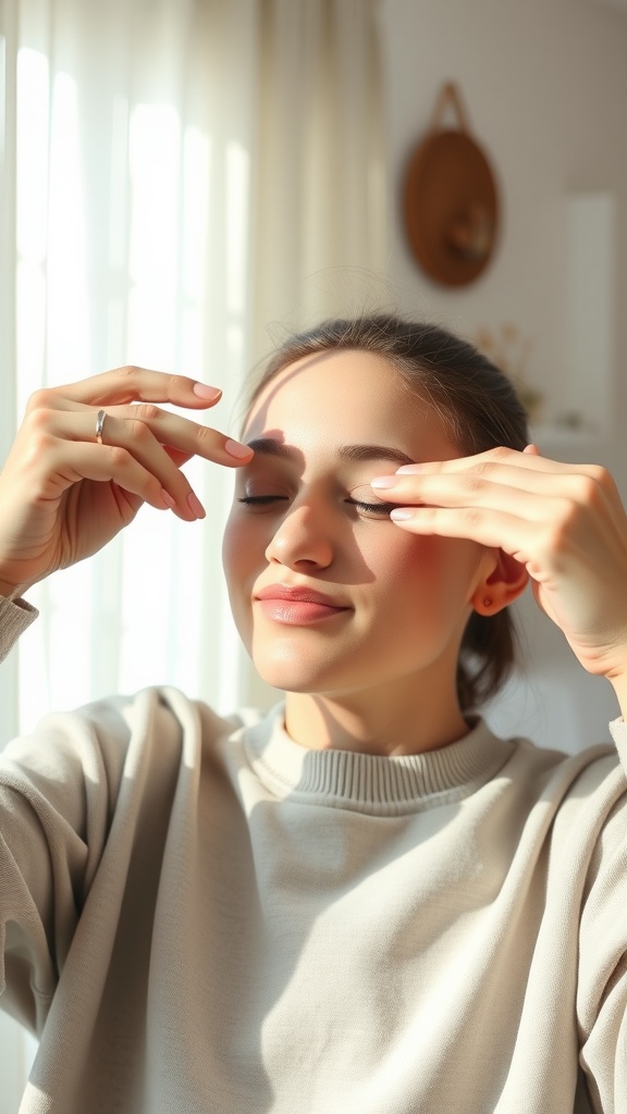 A woman performing an eye brightening technique for a fresh look