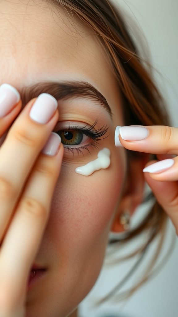 A close-up of a person applying eye cream under their eye, highlighting the importance of eye care.