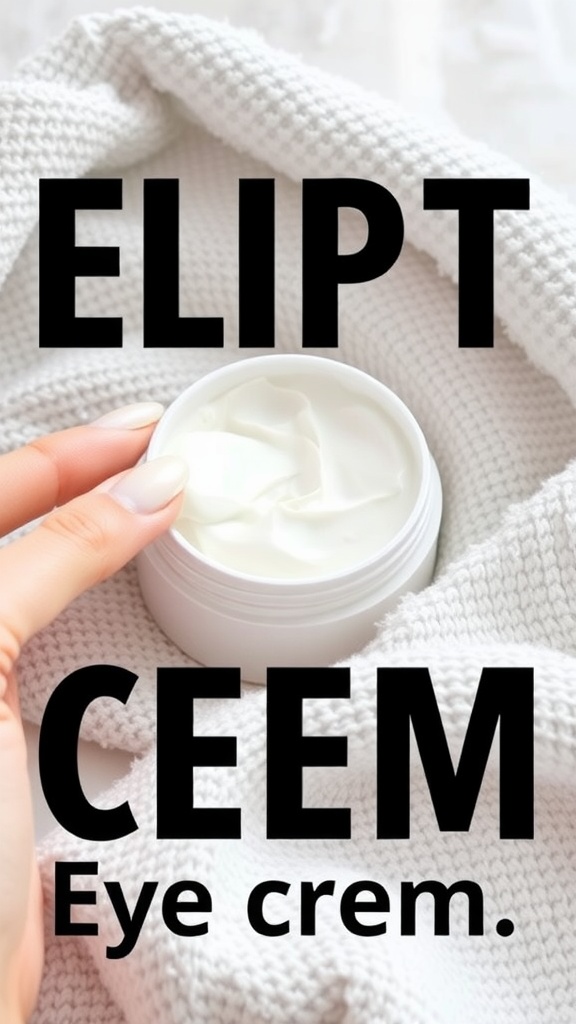 A jar of eye cream on textured fabric with a hand gently touching it.