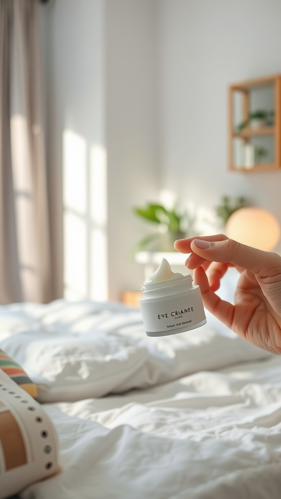 Hand holding a jar of eye cream in a softly lit bedroom setting, suggesting a calming nighttime routine.