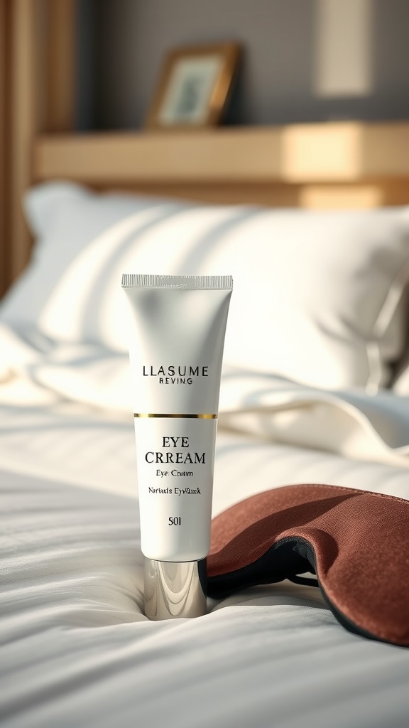A tube of eye cream on a bed beside a sleep mask.