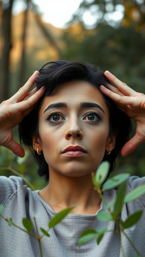 Person practicing face yoga with hands on forehead surrounded by greenery.