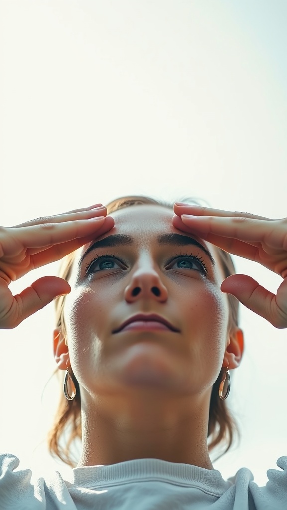 A person performing the Eye Opener exercise with hands on forehead