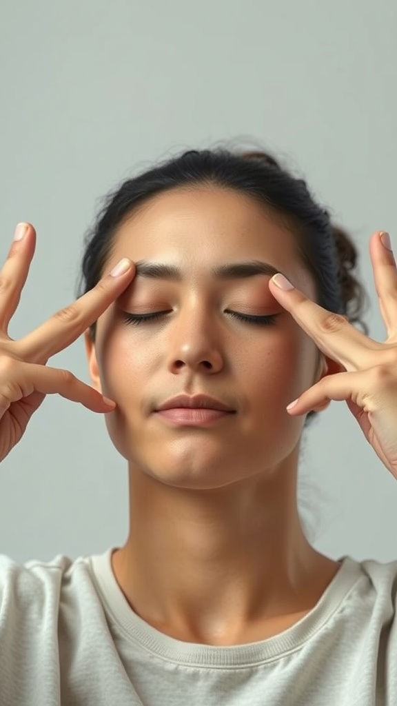 A person with closed eyes gently applying pressure around their eyes demonstrating a face yoga move for revitalizing the eye area.