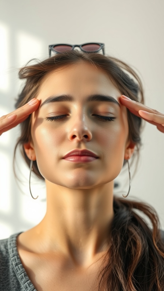 A woman demonstrating the Eye Reviver Technique with closed eyes and fingers on her temples.