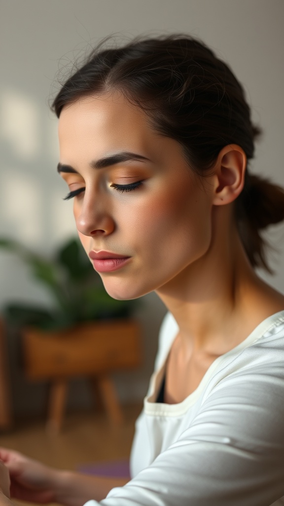 A woman with her eyes closed, practicing a facial yoga technique for relaxation.