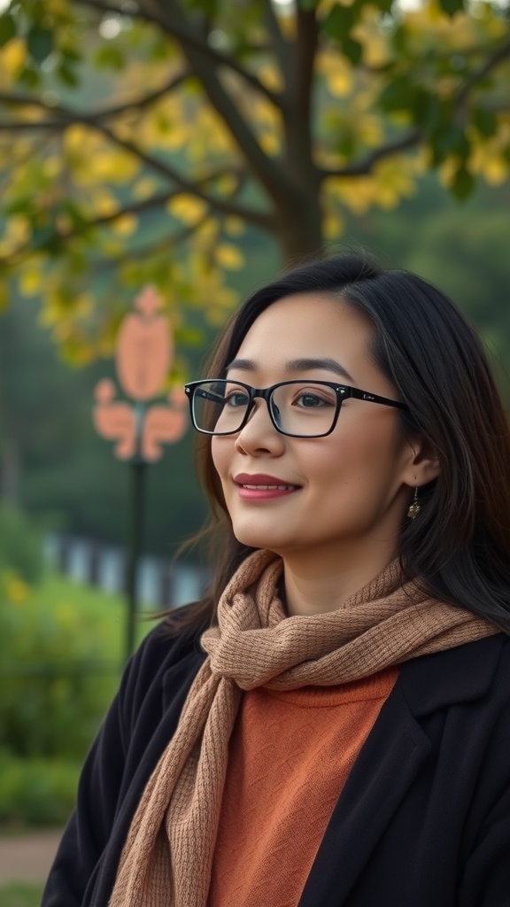 A woman with long hair wearing glasses and a scarf enjoys a calm moment outdoors.