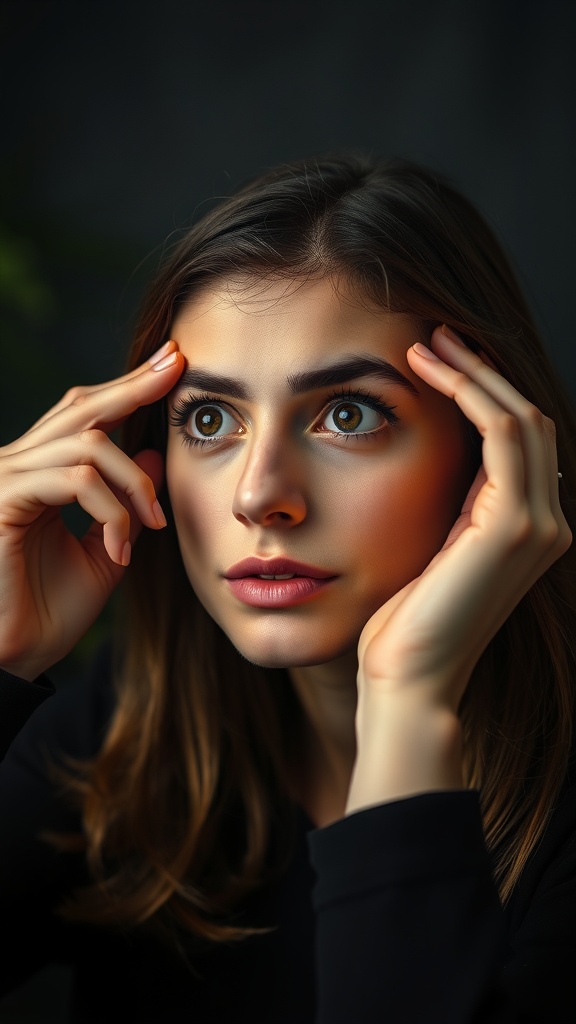 A young woman performing the eyebrow lifting technique for face yoga.