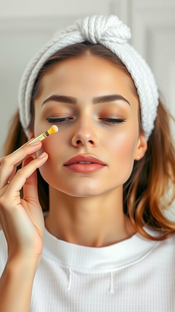 A woman applying face massage techniques with a gentle tool, promoting skin radiance.