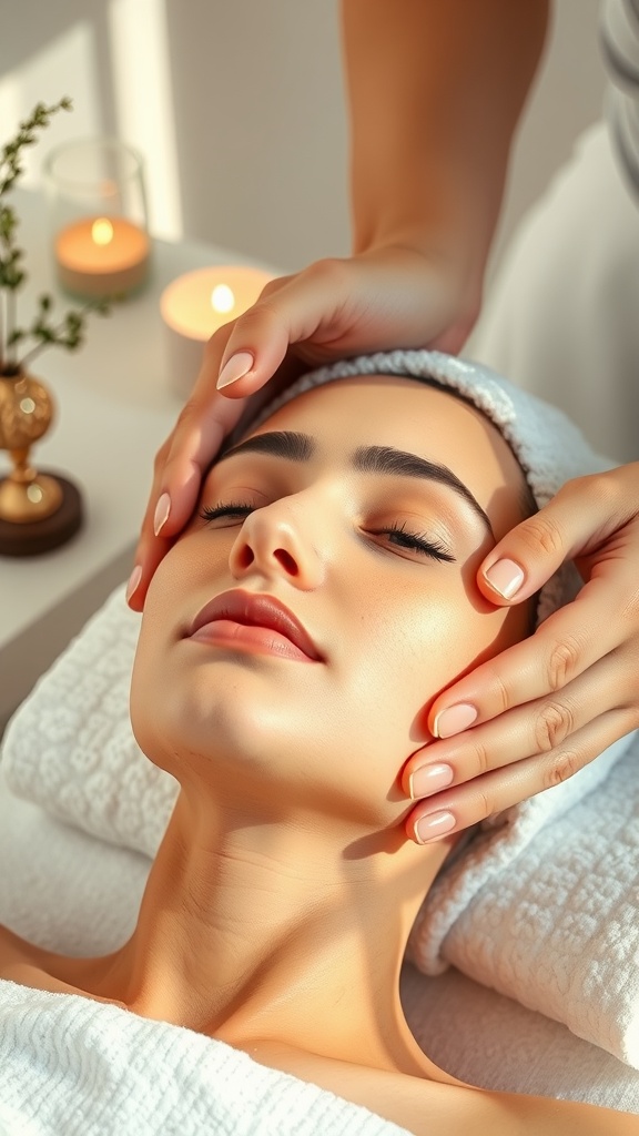 A woman receiving a relaxing facial massage in a calm and serene setting.