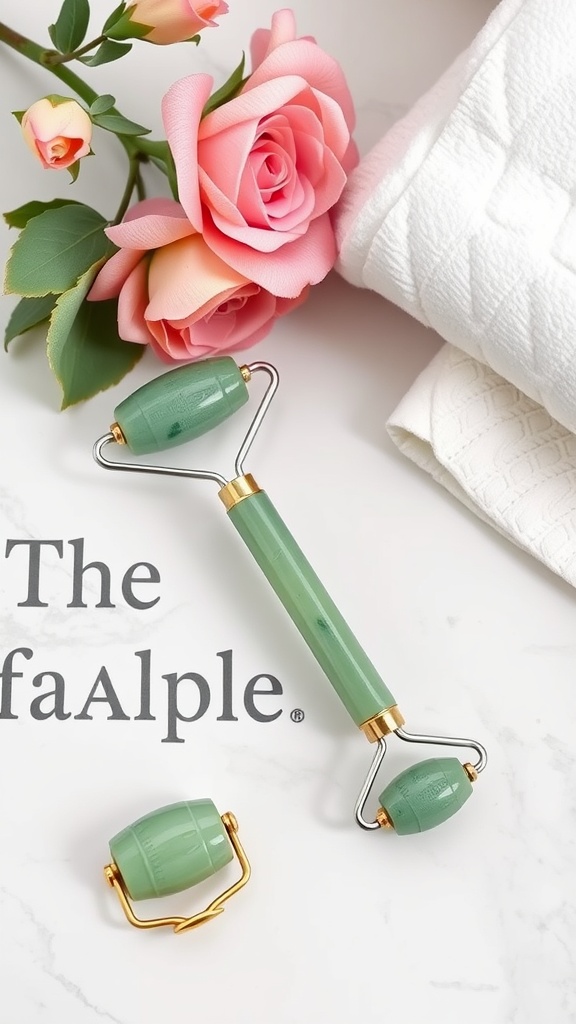A green face roller, pink roses, and a white towel on a marble background.