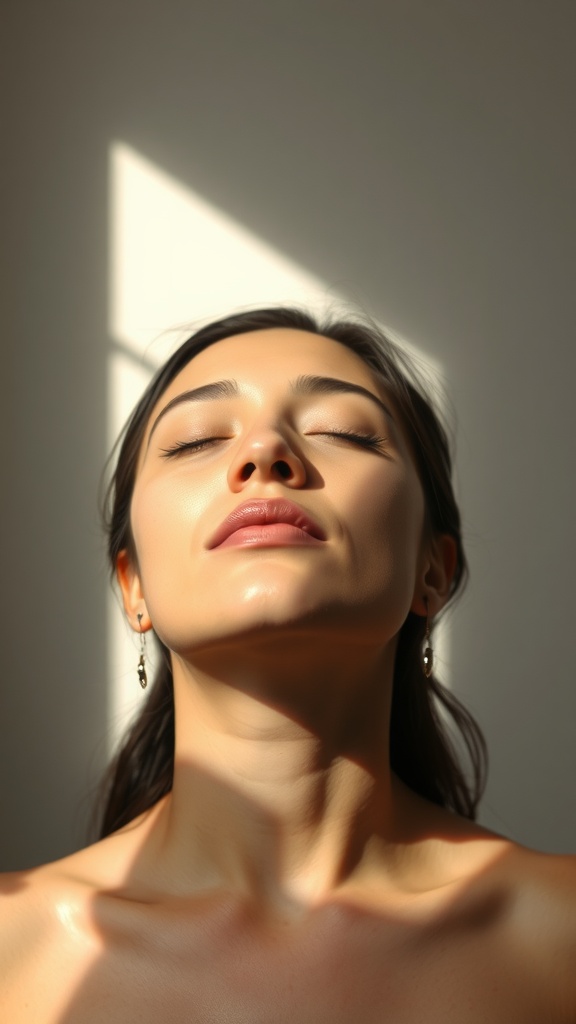A woman practicing facial breathwork, eyes closed and face illuminated by natural light.