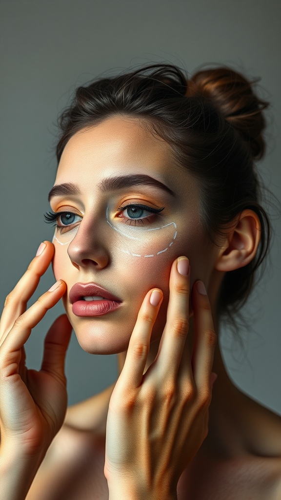 Woman applying facial contouring technique with hands on cheeks