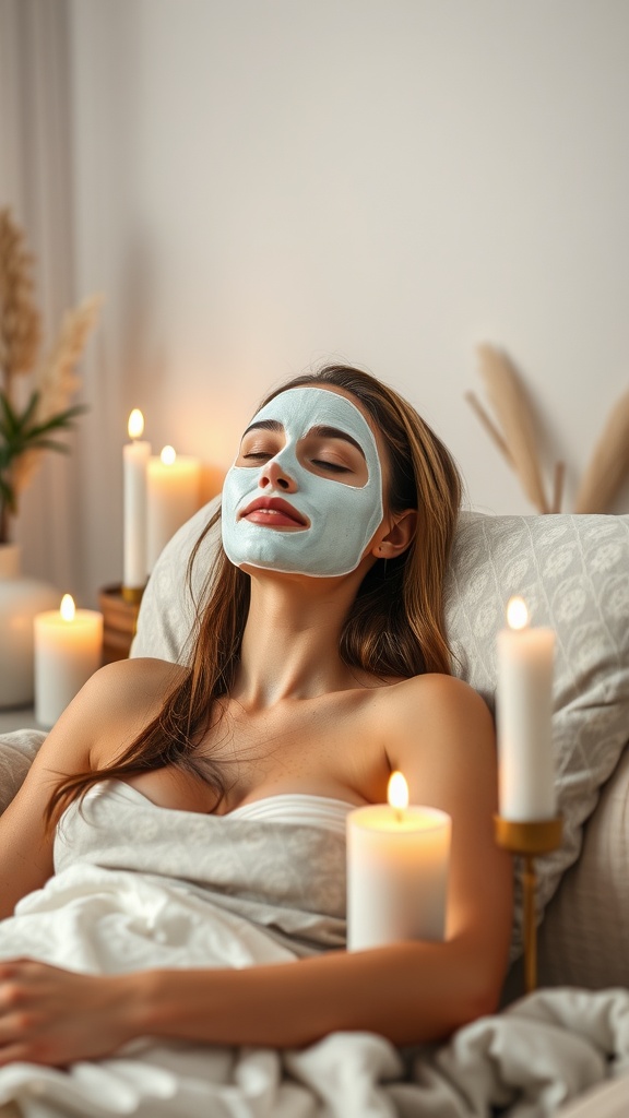 A woman relaxing with a blue facial mask surrounded by candles.