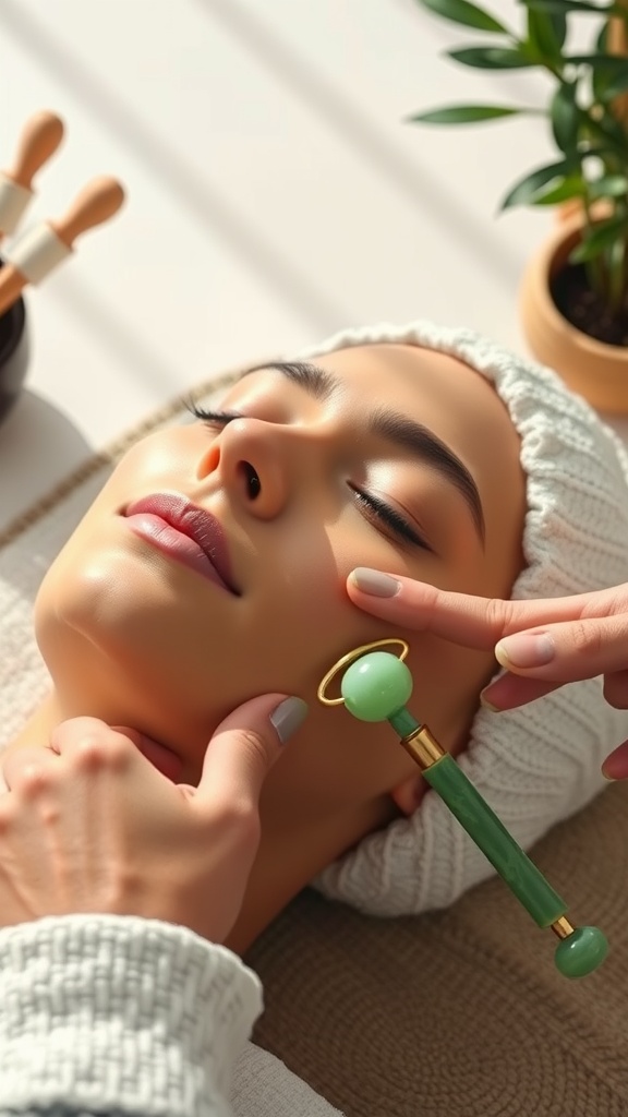 A woman receiving a facial massage using a jade roller, with a serene expression in a bright, calming environment.