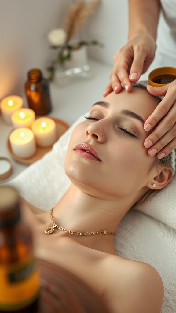 A person receiving a facial massage in a relaxing setting with candles and essential oils.