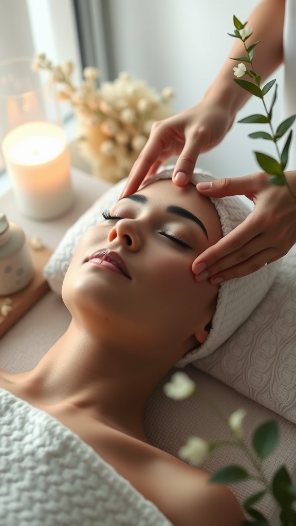 A woman receiving a facial massage in a calming spa-like environment.