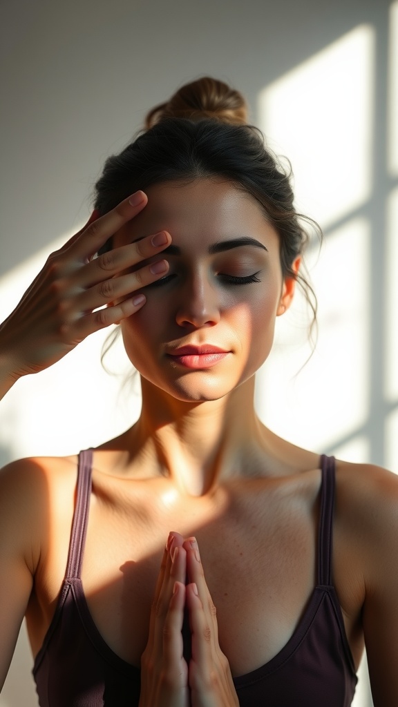 A woman performing a facial massage, focusing on relaxation and circulation.