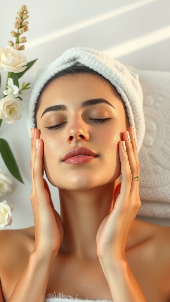 A person with a towel on their head, gently massaging their face in a calming environment.
