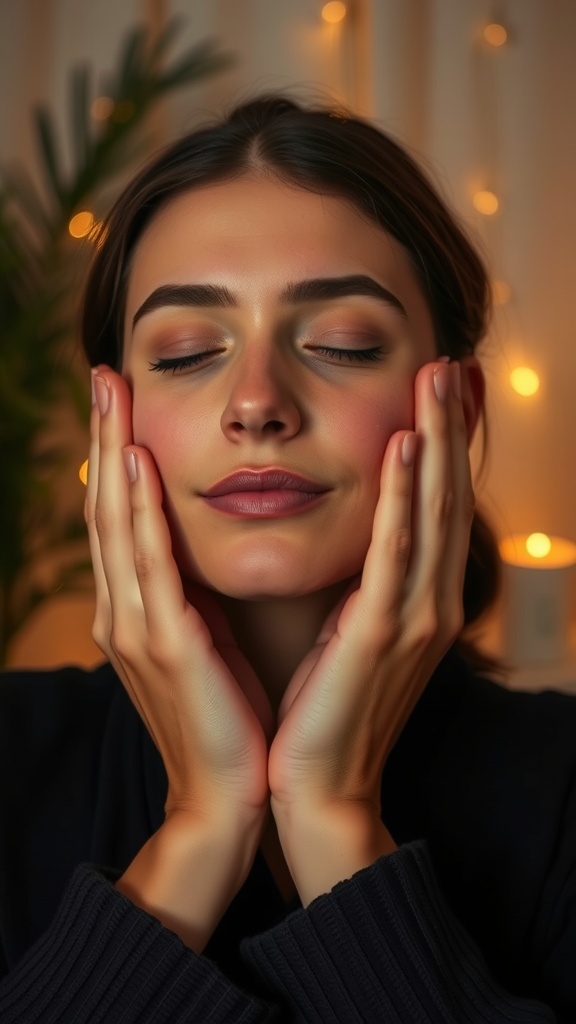A person performing a facial massage, with hands on their cheeks, eyes closed, looking peaceful.
