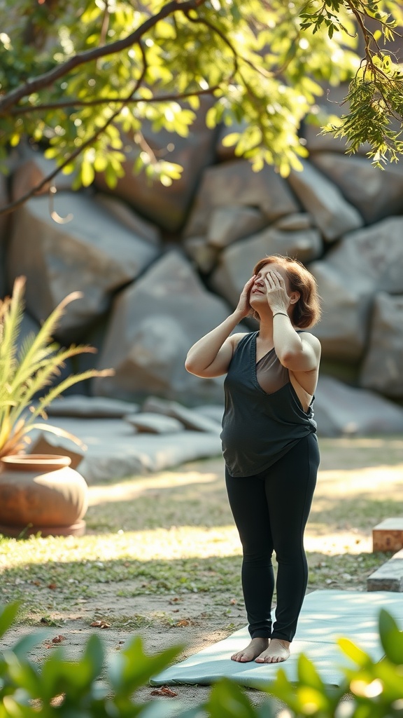 A person practicing facial yoga outdoors, surrounded by greenery.