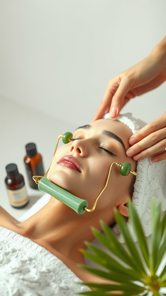 A woman enjoying a facial massage with a jade roller while receiving a skincare treatment.