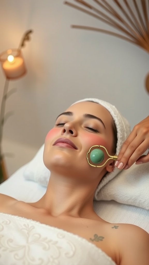 A woman receiving a facial massage with a jade roller, relaxing in a serene setting.