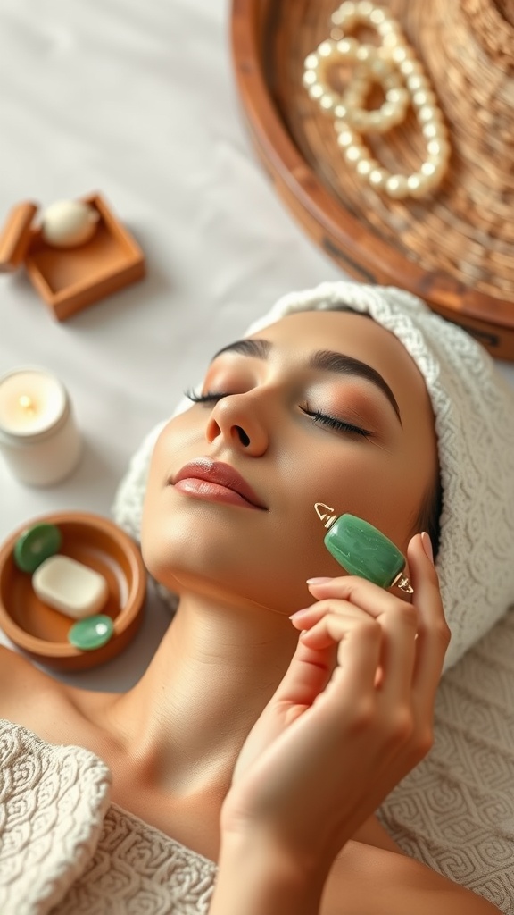 A person performing a facial massage using a jade roller, surrounded by skincare products and candles.