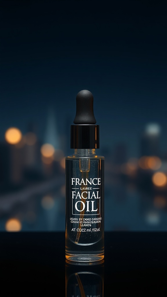 A bottle of France facial oil on a dark background with a soft glow.